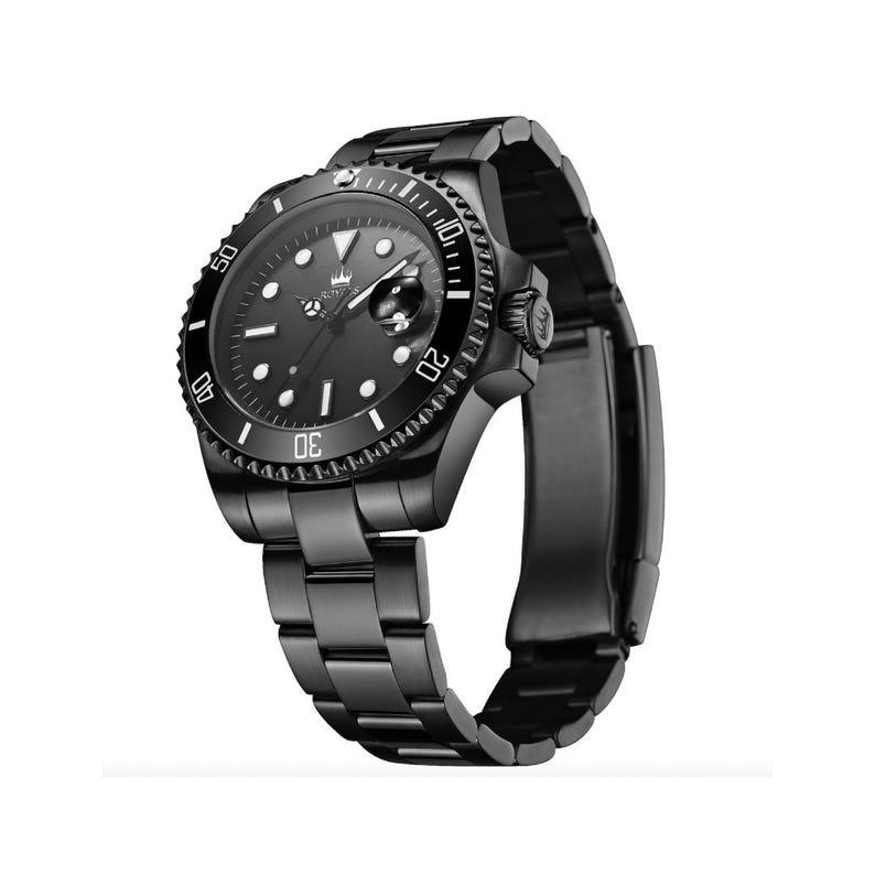 May include: A black wristwatch with a black metal strap and a black face. The watch has a rotating bezel with white numbers and a date window at the 3 o'clock position.