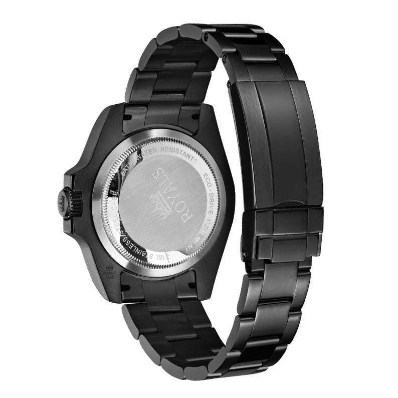 May include: A black stainless steel watch with a black strap. The watch face is not visible. The back of the watch has the words "ROYALS" and "ECO-DRIVE" printed on it.