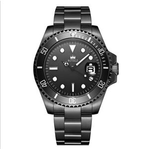 May include: A black stainless steel wristwatch with a black face and white markings. The watch has a rotating bezel with white numbers and a date window at the 3 o'clock position. The watch face features a crown logo and the word "ROYALS".