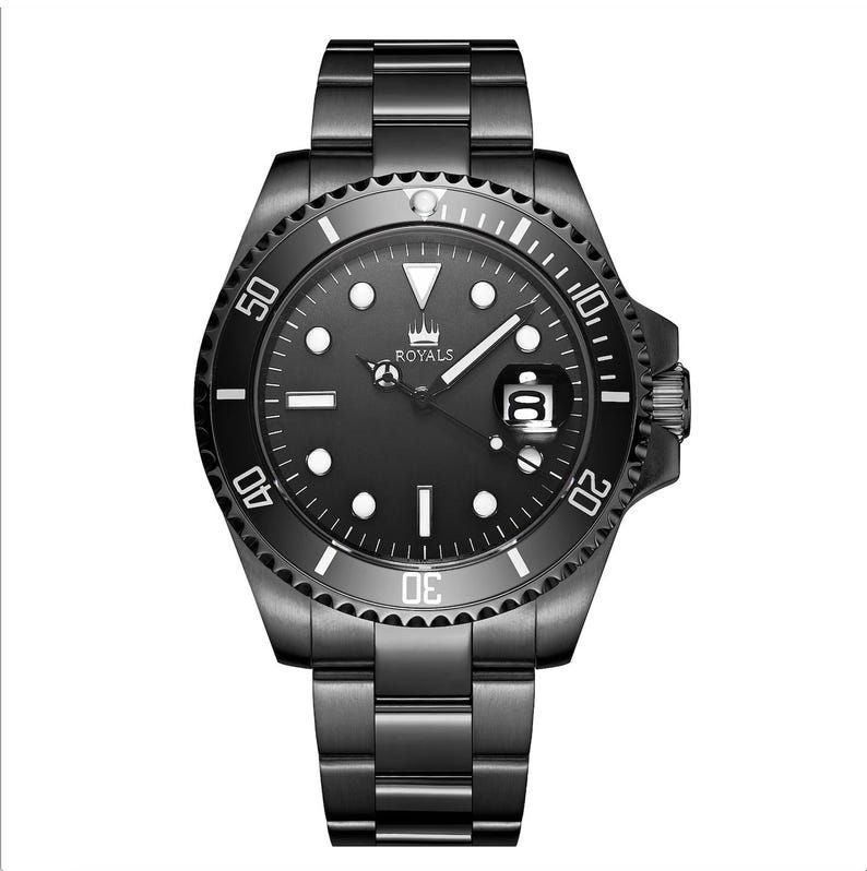 May include: A black stainless steel wristwatch with a black face and white markings. The watch has a rotating bezel with white numbers and a date window at the 3 o'clock position. The watch face features a crown logo and the word "ROYALS".