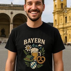 Bavaria T-Shirt - motif with beer, pretzels & edelweiss I Tradition I Oktoberfest I Gift I Traditional costume I Meadows I Beer garden I Bavaria fans I Nature