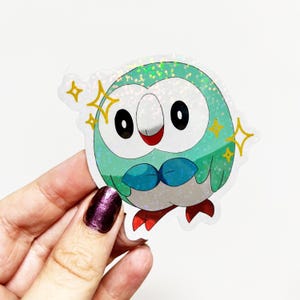Pokemon Shiny Rowlet Version Teal Glitter Prismatic Owl Vinyl Sticker