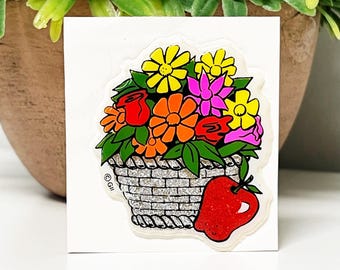 New Vintage 1980's Puffy Glitter Gordy Flower Basket Bouquet Sticker