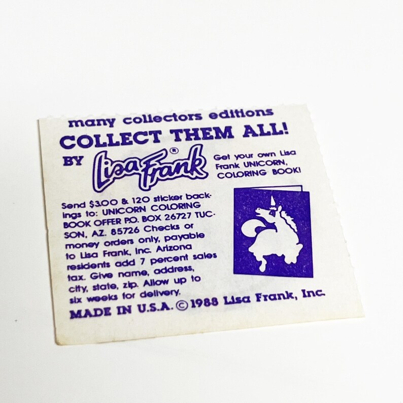 May include: A vintage Lisa Frank collectible card with the text "COLLECT THEM ALL!" in blue. The card features a unicorn illustration and instructions for a coloring book offer. Made in the U.S.A. in 1988.