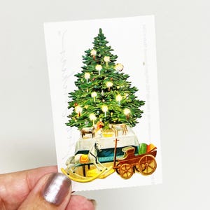 Adesivo vintage Gifted Line de 1985 da John Grossman, árvore de Natal e presentes antigos do Velho Mundo