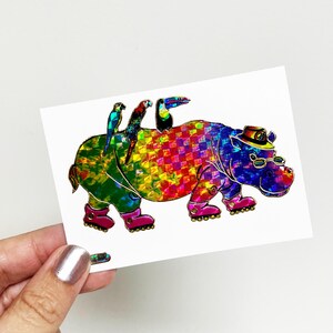 Vintage Prismatic Hippo Hippopotamus Wearing Hat and Birds on Back Large Vending Machine Sticker - 1998 New in Sleeve