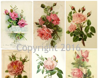 Printable French Roses Collage Sheet #2.  Instant Digital Download,  Flowers, Scrapbook Embellishments
