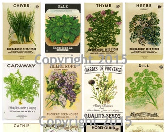 Vintage Herb Seed Packs Collage Sheet Instant Digitale Download, Bloemen, Scrapbook Versieringen