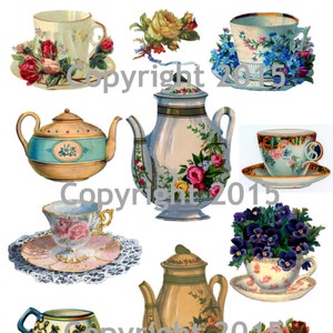 Druckbare viktorianische Teekannen und Teetassen Collage Sheet Sofortiger digitaler Download, Tee und Blumen, Scrapbook Verzierungen