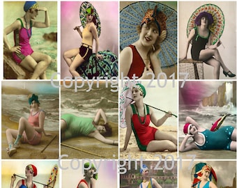 Vintage Bathing Beauties Postcards Collage Sheet #102 Instant Digital Download,  Scrapbook Embellishments, Collage, Labels, Decoupage