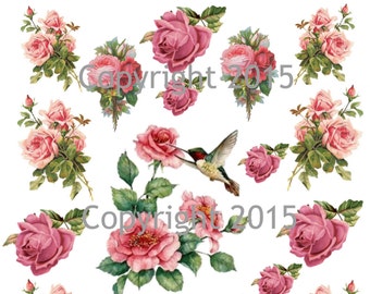 Printable Victorian Flowers Pink Roses and Hummingbird Collage Sheet.  Instant Digital Download,  Flowers, Scrapbook Embellishments