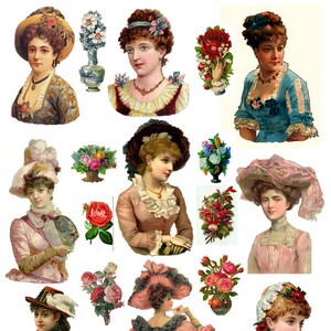 Printable Victorian  Ladies Collage Sheet 103  Instant Digital Download, Hats and Flowers, Scrapbook Embellishments