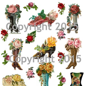 以下が含まれることがあります： さまざまなスタイルの靴と花柄の飾り付けを組み合わせた、ヴィンテージイラストのデジタルコラージュ。靴はバラで飾られており、中にはローラースケートやアイススケートを履いているものも。画像には「Copyright 2015」の文字が表示されています。