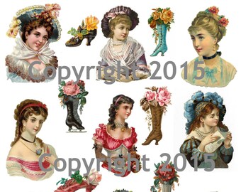 Printable Victorian  Ladies Collage Sheet 102  Instant Digital Download, Boots and  Flowers, Scrapbook Embellishments