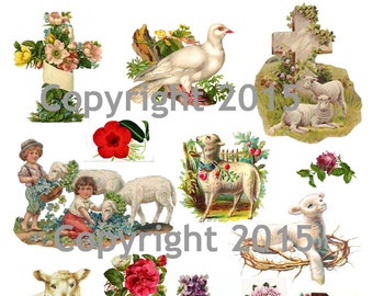 Printable Victorian Religious  Easter Collage Sheet.  Instant Digital Download,  Lambs and Crosses  Scrapbook Embellishments