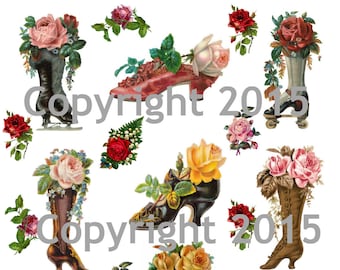 Printable Victorian Shoes and Boots Collage Sheet Instant Digital Download,  Boots and  Flowers, Scrapbook Embellishments