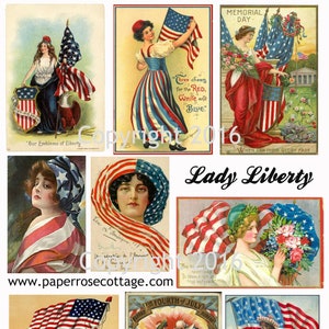 Folha de colagem de imagens Lady Liberty, cartões vintage de 4 de julho, scrapbooking digital, confecção de cartões, download digital instantâneo de arquivo JPG e PDF