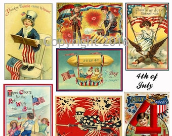 Hoja de collage de imágenes patrióticas, tarjetas vintage del 4 de julio Scrapbooking digital, creación de tarjetas, descarga digital instantánea de archivos JPG y PDF