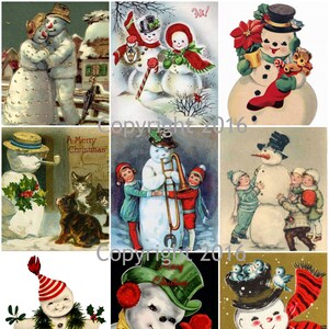 Victoriaanse afbeeldingen Sneeuwpop Christas Card Collage Sheet Digitale Scrapbooking, Prints, Instant Digitale Download