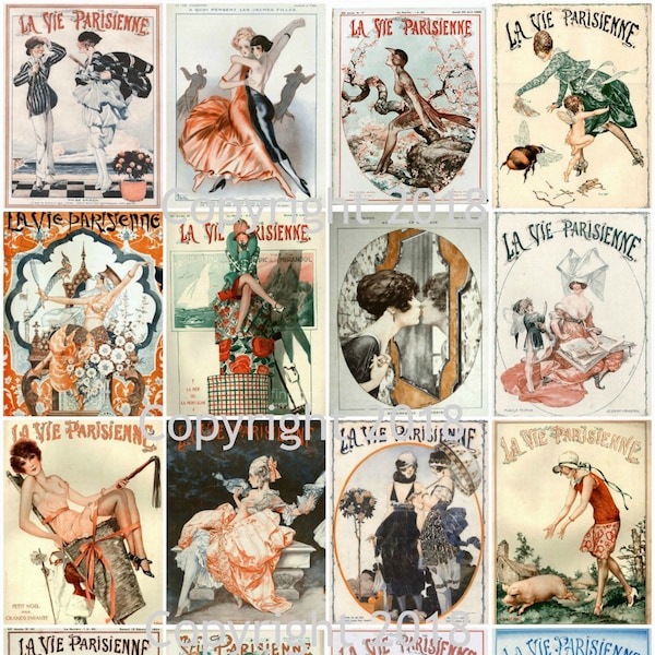 Printable "La Vie Parisienne" Vintage Magazine Covers Collage Sheet,  Instant Download, Gift Tags, Card Making,  Labels, etc  JPG and PDF