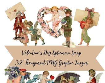 32 Vintage Victorian Valentine's Day Ephemera Scrap  Images Clip Art Graphics Transparent PNG Files Instant Download