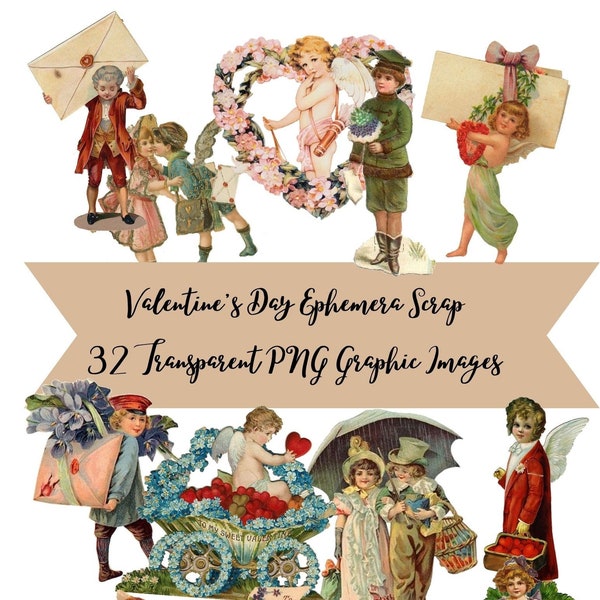32 Vintage Victorian Valentine's Day Ephemera Scrap  Images Clip Art Graphics Transparent PNG Files Instant Download