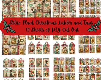Retro Plaid Christmas Labels and Tags – 12 Sheets DIY Cut Out | Printable Ephemera Tag and Label Bundle | Small and Medium, Instant Download