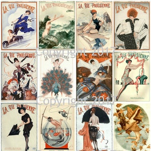 Printable "La Vie Parisienne" Vintage Magazine Covers Collage Sheet,  Instant Download, Gift Tags, Card Making,  Labels, etc  JPG and PDF