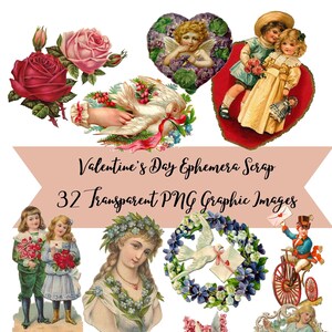 32 Vintage Victorian Valentine&#39;s Day Ephemera Scrap  Images Clip Art Graphics Transparent PNG Files Instant Download