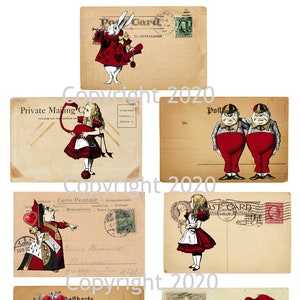 Foglio collage di cartoline postali Vintage stampabile Alice nel Paese delle Meraviglie Regina rossa Download digitale istantaneo, ATC, etichette regalo, JPG e PDF
