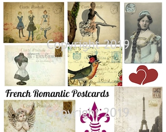 Vintage French Romantic  Postcards Collage Sheet  #101.  Instant Digital Download,  Scrapbook Embellishments, Collage, Labels, Decoupage