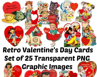 25  Vintage Retro  Valentine&#39;s Day  Card  Images Clip Art Graphics Transparent PNG  and JPG Files  Digital Instant Download