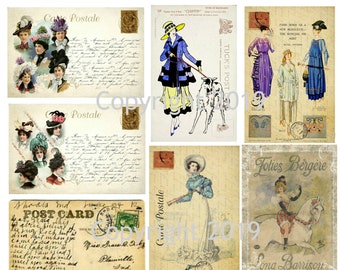 Vintage French Romantic  Postcards Collage Sheet  #106.  Instant Digital Download,  Scrapbook Embellishments, Collage, Labels, Decoupage