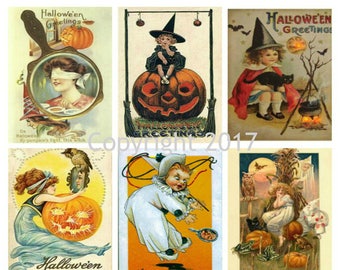 May include: A collage of vintage Halloween postcards featuring children dressed as witches, a jack-o-lantern, and other Halloween imagery. The postcards have text that reads "Halloween Greetings", "A Happy Halloween", and "Halloween Nightmare".