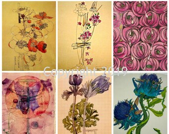 Afdrukbare Charles Rennie Mackintosh bloemen Vintage collage blad Instant Digitale Download, bloemen, Scrapbook versieringen JPG en PDF