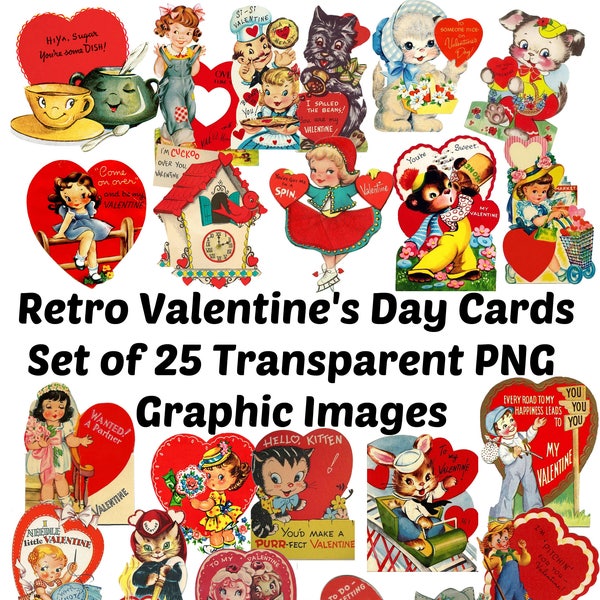 25  Vintage Retro  Valentine's Day  Card  Images Clip Art Graphics Transparent PNG  and JPG Files  Digital Instant Download