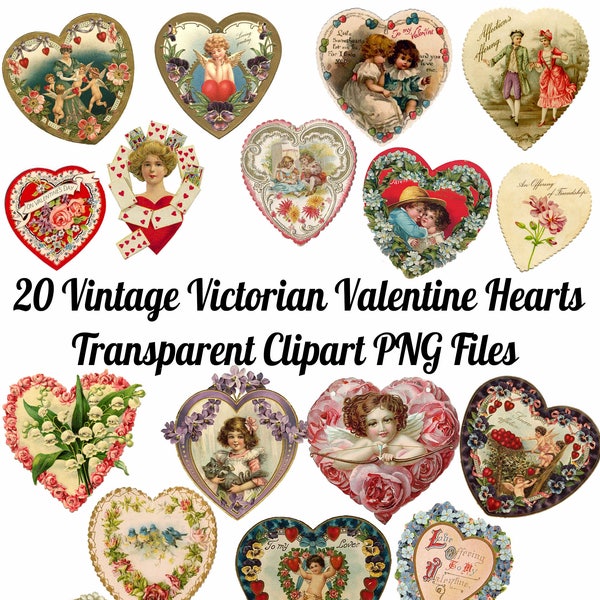 20  Vintage Victorian Valentine's Day  Heart  Images Clip Art Graphics Transparent PNG Files Instant Download