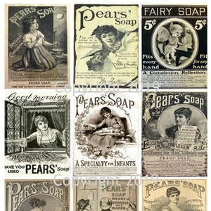Foglio Collage di annunci di sapone stampabile Vintage Ephemera Pera Download digitale istantaneo, fiori, abbellimenti per album, file JPG e PDF