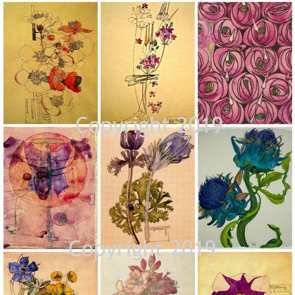 Printable  Charles Rennie Mackintosh Flowers Vintage Collage Sheet  Instant Digital Download, Flowers, Scrapbook Embellishments JPG and PDF