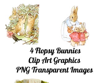 4 Peter Rabbit Flopsy Bunnies  Clip Art Transparent PNG Files Instant Download, Beatrix Potter Transparent Art Images