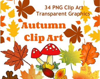 34 Assorted  Autumn Graphic Images Clip Art Transparent PNG Files Instant Download for Scrapbooking, Art, Graphic Design, Card Making