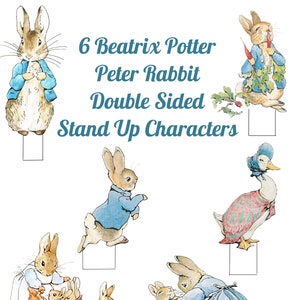 6 Beatrix Potter Peter Rabbit dubbelzijdige stand-up karakters voor doe-het-zelf feestdecoraties, taartdecor Instant Download PDF afbeelding 1