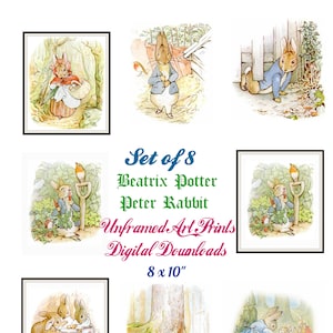 May include: Set of eight 8x10 inch unframed digital art prints featuring illustrations of Peter Rabbit from Beatrix Potter's children's book. The prints include scenes of Peter Rabbit in the garden, in the woods, and with his family.