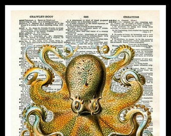 Vintage Art Print Octopus on Vintage Dictionary Page Reproduction, Wall Decor Instant Digital Download, Unframed,  JPG and PDF 8 x 10"