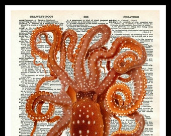 Vintage Art Print Octopus on Vintage Dictionary Page Reproduction, Wall Decor Instant Digital Download, Unframed,  JPG and PDF 8 x 10"