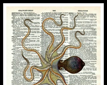 Vintage Art Print Octopus on Vintage Dictionary Page Reproduction, Wall Decor Instant Digital Download, Unframed,  JPG and PDF 8 x 10"