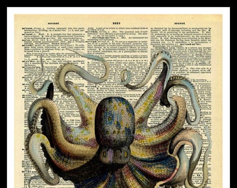 Vintage Art Print Octopus on Vintage Dictionary Page Reproduction, Wall Decor Instant Digital Download, Unframed,  JPG and PDF 8 x 10"