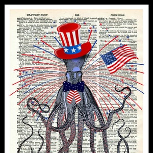 Vintage Art Print &quot;Octo Patriot&quot; Octopus on Vintage Dictionary Page Reproduction Instant Digital Download, Unframed,  JPG and PDF 8 x 10&quot;