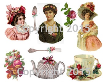 Printable Victorian Tea Time Collage Sheet.  Instant Digital Download,Tea, Teapot, Flowers, Scrapbook Embellishments