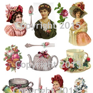 Könnte beinhalten: Eine digitale Collage aus Vintage-Bildern mit einer Teekanne, Teetassen, Blumen und Frauen in viktorianischer Kleidung. Die Bilder sind in verschiedenen Farben gehalten, darunter Rosa, Grün, Blau und Gelb.